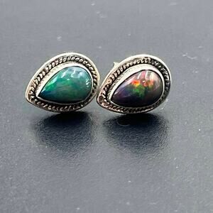 Vintage Sterling Silver Natural Dark Opal Stud Earrings Rope Border‎ 13mm Pair